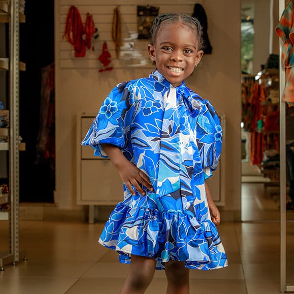 BLUE & WHITE L/S FLORAL CHIFFON SWING DRESS Image
