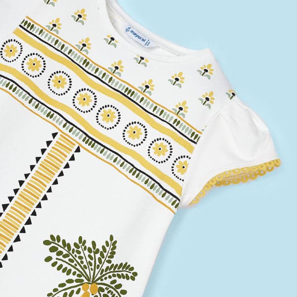 WHITE AND YELLOW A-LINE PRINT DRESS
