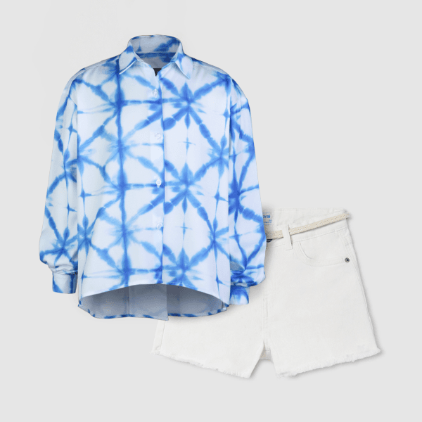 BLUE & WHITE SILK BLOUSE & SHORT SET