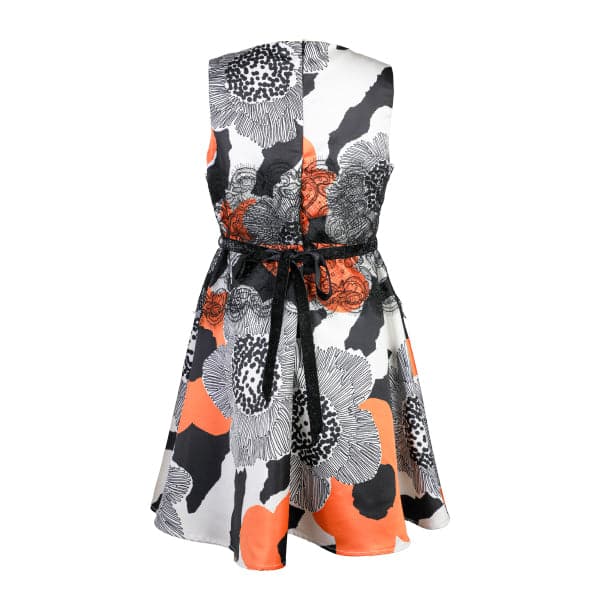 ORANGE AND BLACK FLORAL MIKADO FLARED DRESS