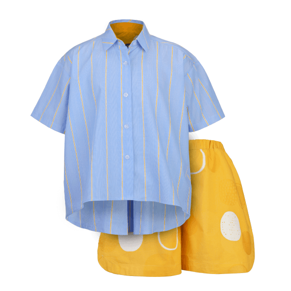 BLUE & CUSTARD YELLOW STRIPE POKER S/S BLOUSE & SHORT SET