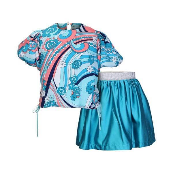 TURQUOISE FLORAL / PLAIN SILK BLOUSE SET