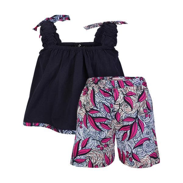 NAVY BLOUSE AND PINK/LILAC ANKARA ELASTICATED WAIST SHORT SET