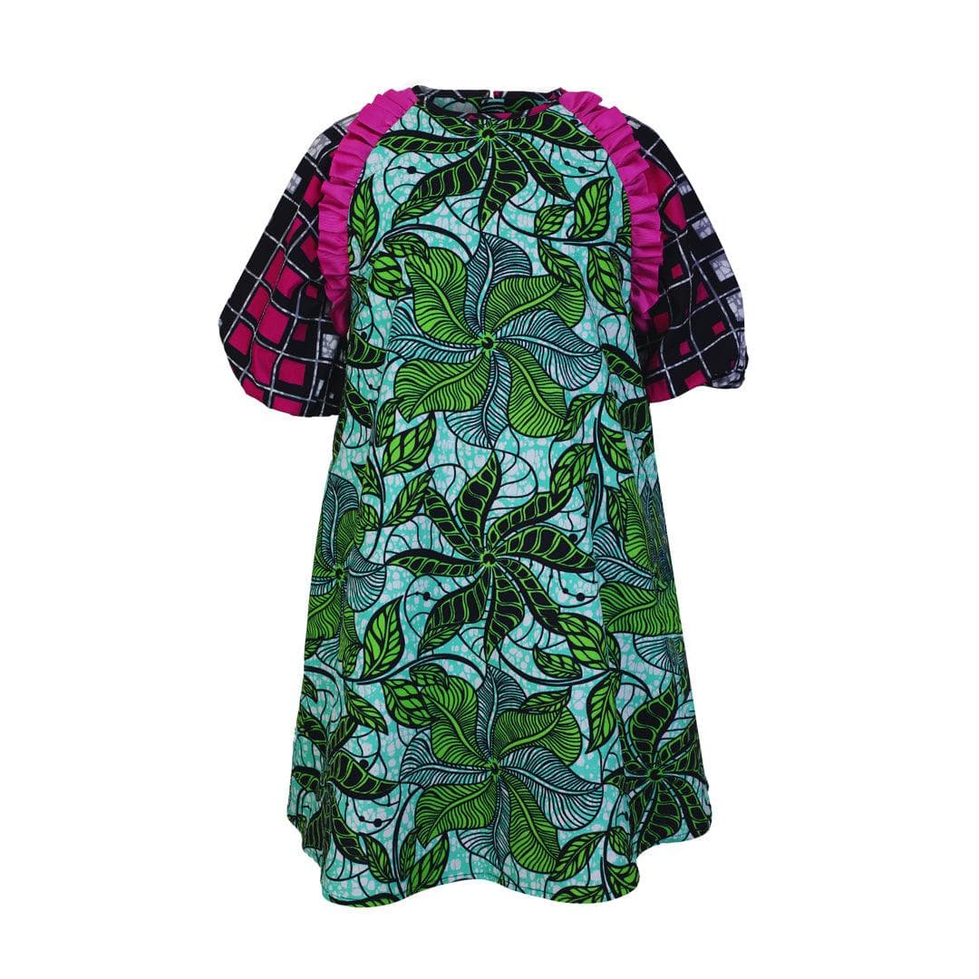LEMON AND PURPLE ANKARA A-LINE DRESS WITH PURPLE TAPE RUFFLE AND HAIRBOW
