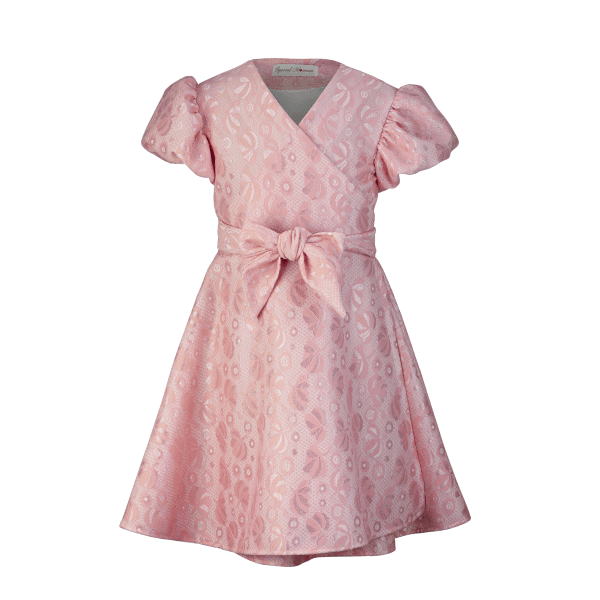 PEACH PUFF SLEEVE FLORAL FLARED WRAP DRESS