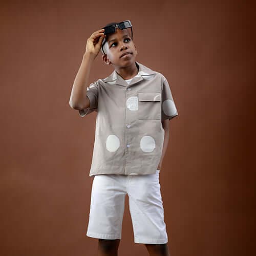 TAUPE PRINT CUBAN COLLAR SHIRT