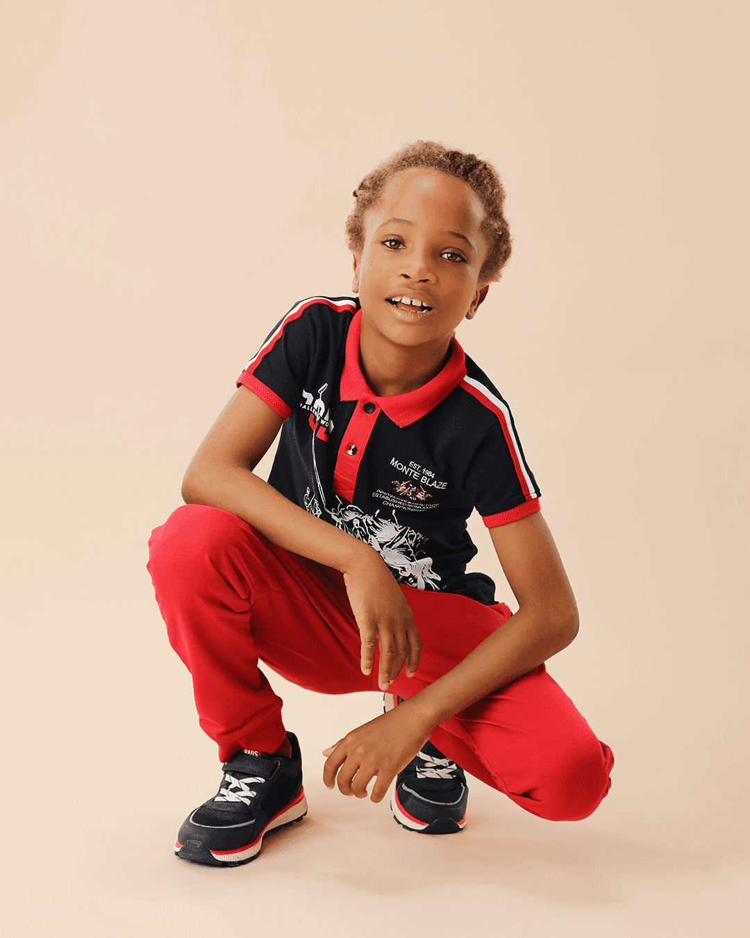 BOYS BLUE/RED SHORT SLEEVE POLO T-SHIRT + RED JOGGERS