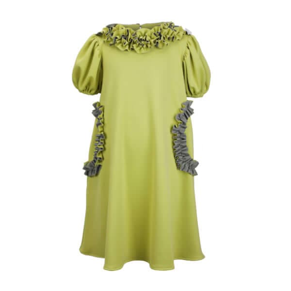 GREEN AND GREY PUFF A-LINE DRESS