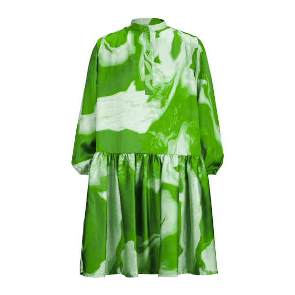 GREEN SILK NEHRU COLLAR SWING DRESS