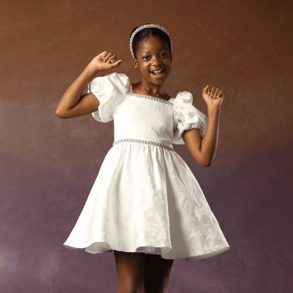 WHITE PUFF SLEEVE FLORAL DAMASK BALL DRESS