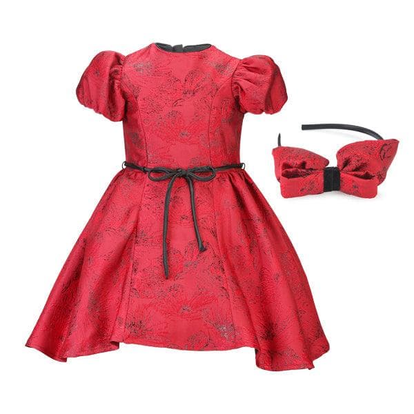 RED DAMASK DRESS W/ HAIRBOW