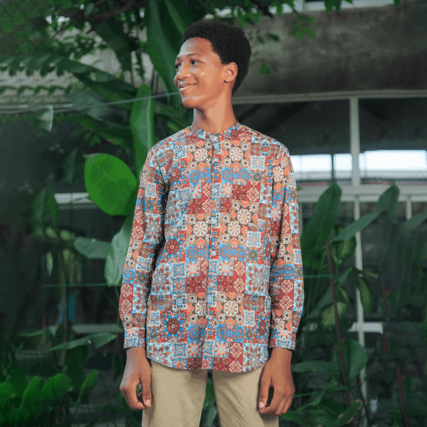 BURGUNDY & NAVY BLUE L/S GEOMETRIC SHIRT