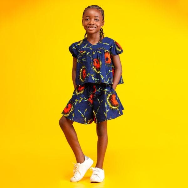 NAVY BLUE AND ORANGE V-NECK BLOUSE AND FLARE SHORT SET