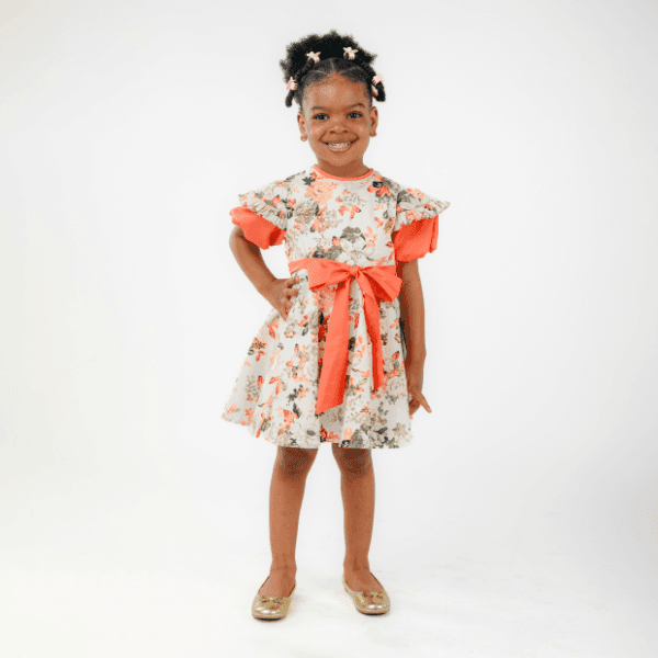 ORANGE & OFF WHITE PUFF SLEEVE FLORAL FLARE DRESS