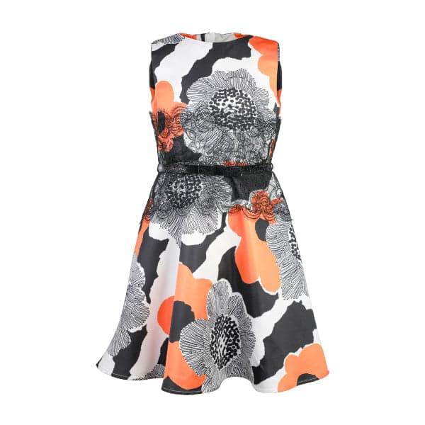 ORANGE AND BLACK FLORAL MIKADO FLARED DRESS