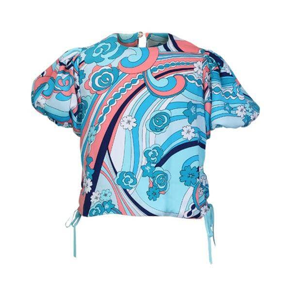 TURQUOISE FLORAL / PLAIN SILK BLOUSE SET