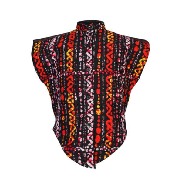 RED BLACK KIMONO SPIRAL NEHRU COLLAR BLOUSE