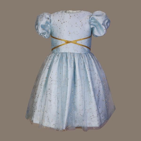 ICE BLUE PUFF SLEEVE TULLE BALL DRESS WITH GOLD HAIRBOW