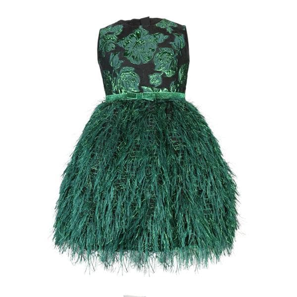 GREEN DAMASK BALL DRESS WITH HAIRBOW