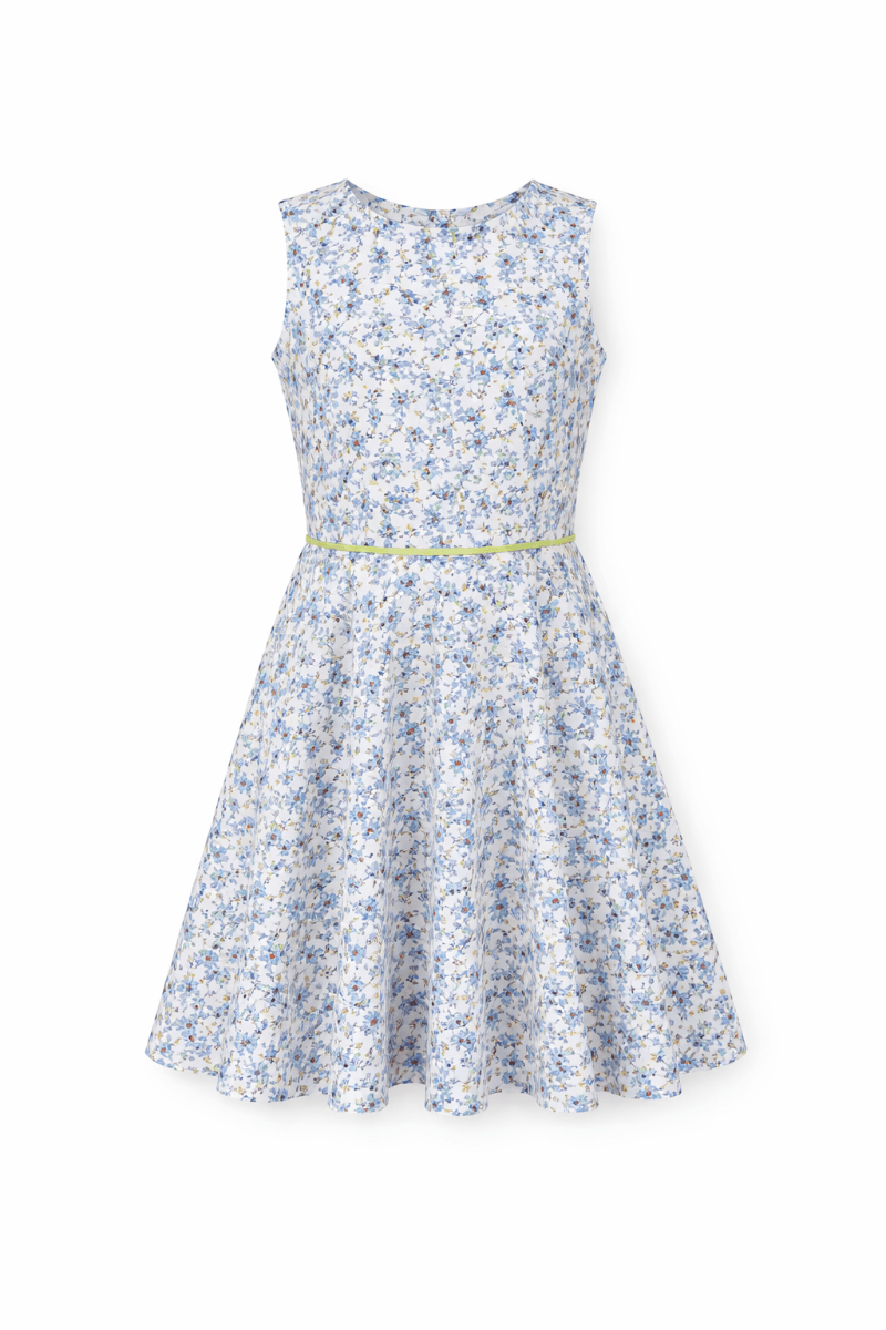 BLUE, GREEN & OFF-WHITE FLORAL A-LINE DRESS