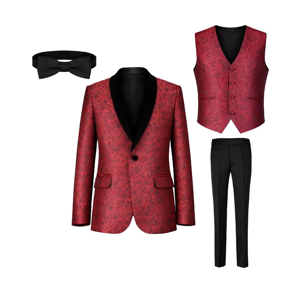 RED AND BLACK DAMASK 4 PIECE SUIT WITH VEST & BOW TIE Image