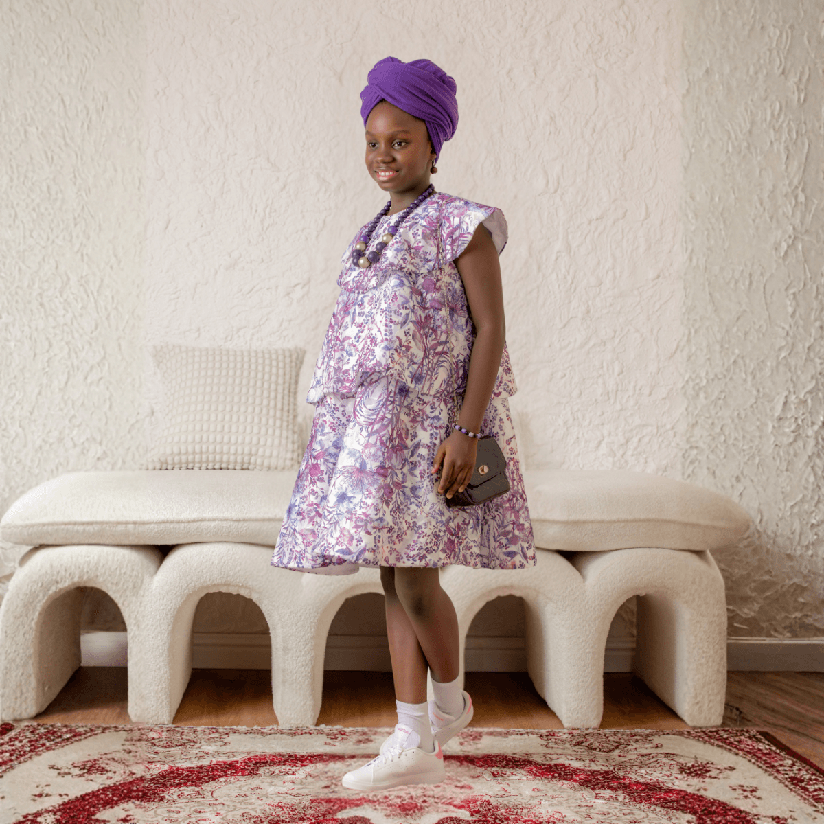 PURPLE & WHITE CAPE SLEEVE FLORAL SWING DRESS