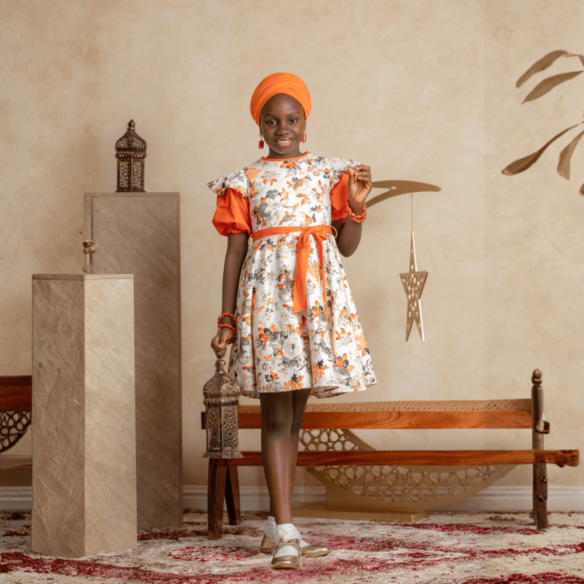 ORANGE & OFF WHITE PUFF SLEEVE FLORAL FLARE DRESS