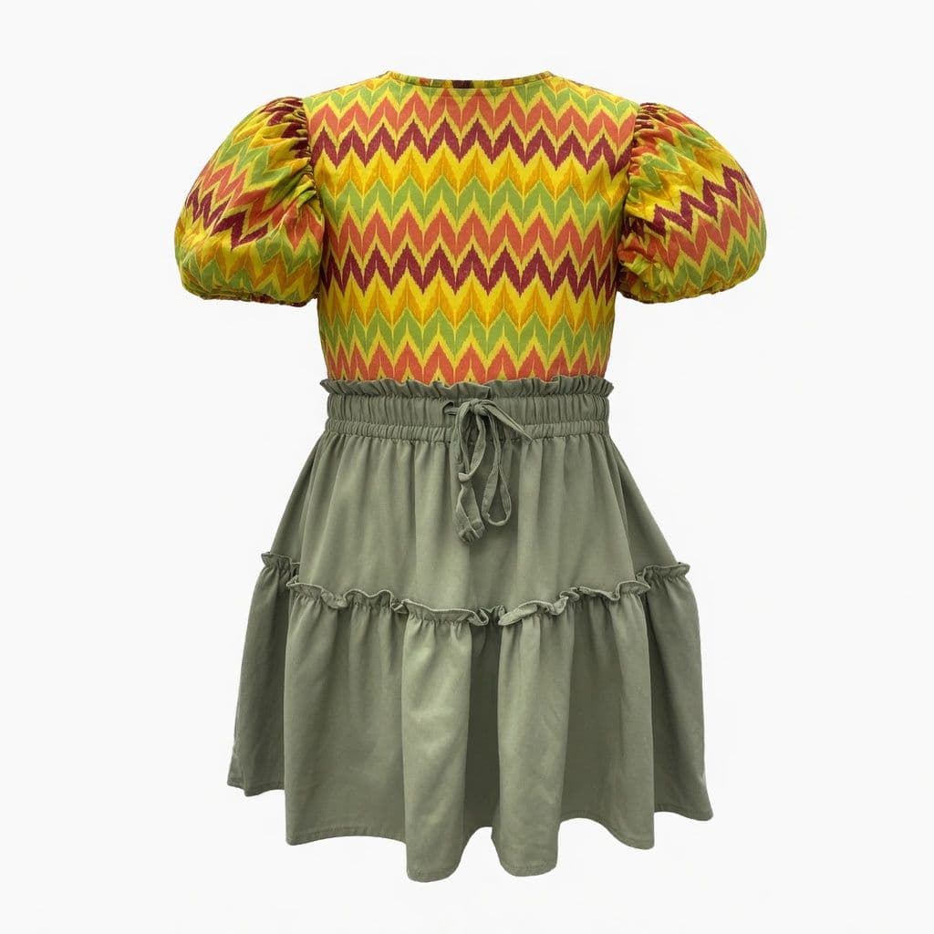 GREEN, RED & YELLOW PUFF SLEEVE BLOUSE & SKIRT SET