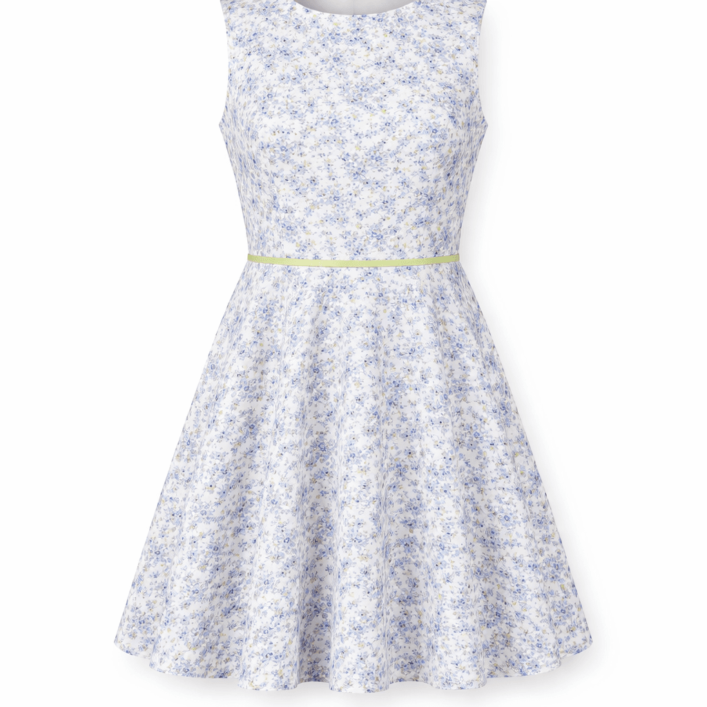 BLUE, GREEN & OFF-WHITE FLORAL A-LINE DRESS