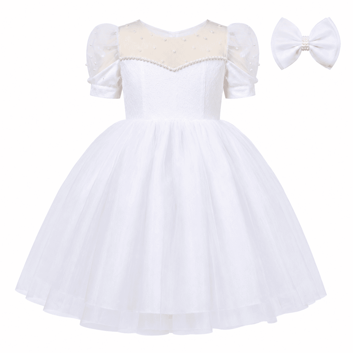 WHITE SATIN TULLE PUFF SLEEVE BALL DRESS WITH HAIRBOW