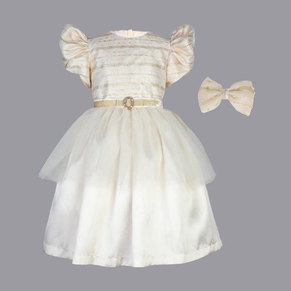 STRIPE GOLD BALL DRESS WITH PUFF SLEEVE, DETACHABLE BELT AND HAIRBOW