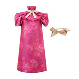 FUCHSIA PINK AND GOLD DAMASK DRESS WITH HAIRBOW