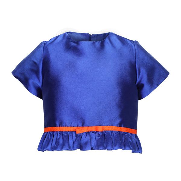 BLUE CROP TOP WITH BOTTOM RUFFLE AND INVERTED PLEAT SKIRT SET