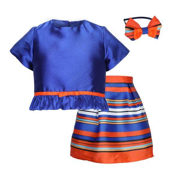 BLUE CROP TOP WITH BOTTOM RUFFLE AND INVERTED PLEAT SKIRT SET WITH HAIRBOW - ruffntumblekids