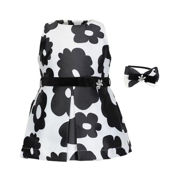 GIRLS BLACK AND WHITE MIKADO DRESS WITH HAIRBOW