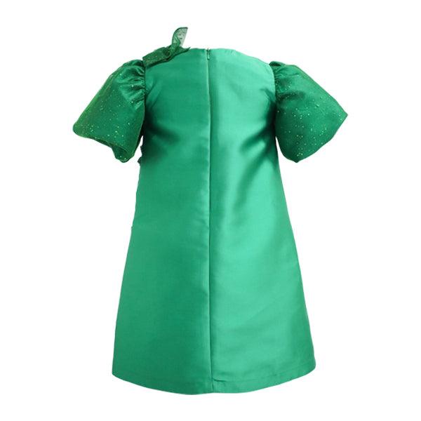 GIRLS EMERALD GREEN SWING DRESS WITH PUFF SLEEVES