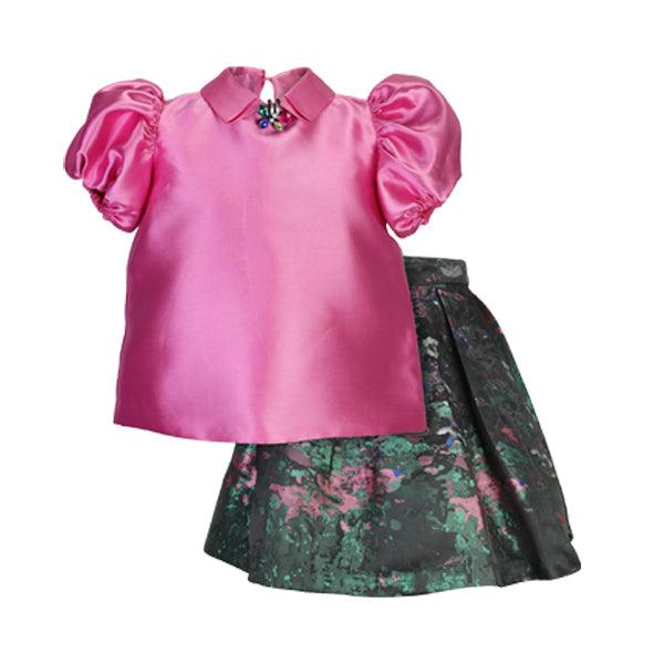 PINK PUFF SLEEVE BLOUSE AND SKIRT SET WITH HAIRBOW