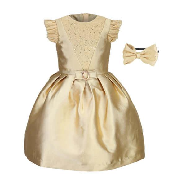 GOLD MIKADO DRESS WITH INVERTED PLEATS WITH HAIRBOW