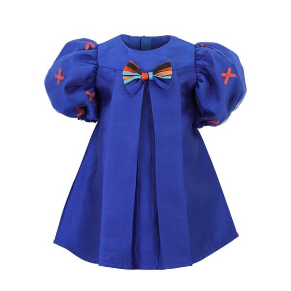 BLUE MIKADO DRESS WITH HAIR BOW FOR BABY GIRLS - ruffntumblekids