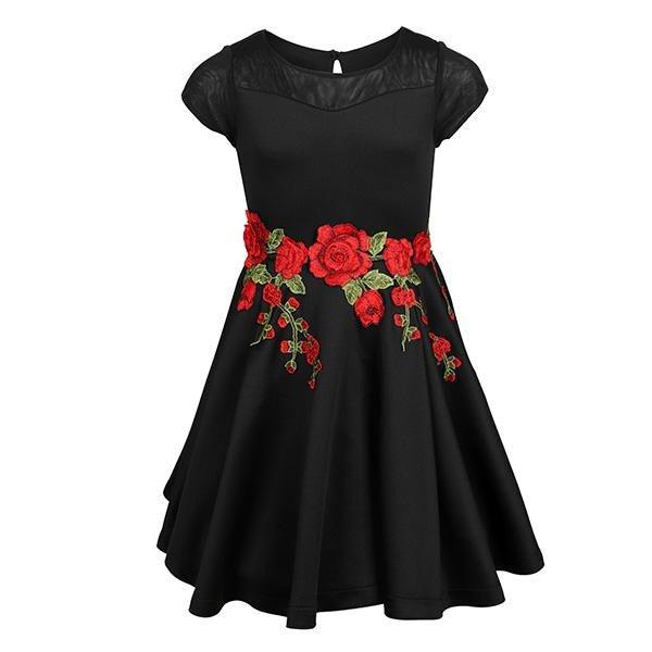 GIRLS BLACK FLOWER APPLIQUE SCUBA DRESS - ruffntumblekids