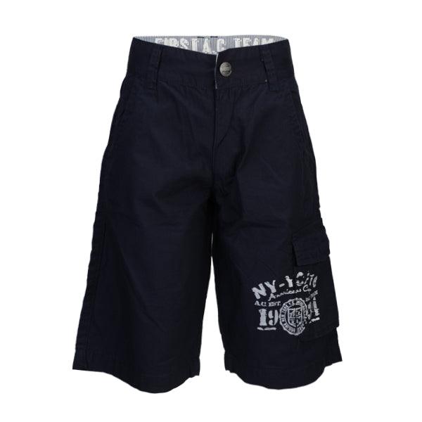 NAVY BLUE BOYS BERMUDA SHORTS WITH GRAPHIC PRINT - FRONT