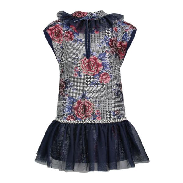 GIRLS MULTICOLOR FLORAL DAMASK DRESS WITH TULLE - ruffntumblekids