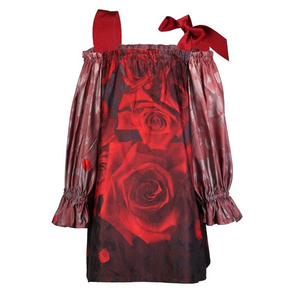 RED FLORAL PRINT COLD SHOULDER DAMASK DRESS - ruffntumblekids